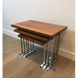 Suite de Trois Tables Gigognes en Palissandre et Chrome, France circa 1970