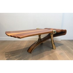 Table Basse Unique à Lamelles de Bois Exotique en Éventail sur Supports Sculpturaux en Laiton Doré