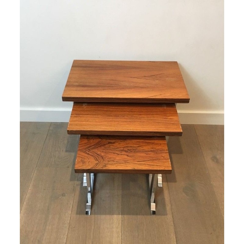 Set of Three Rosewood & Chrome Nesting Tables, France circa 1970