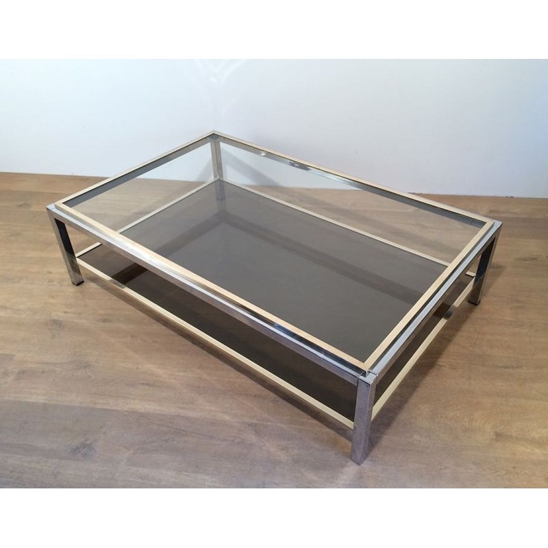 Large Two-Tier Chrome & Brass Coffee Table, Attributed to Willy Rizzo, circa 1970