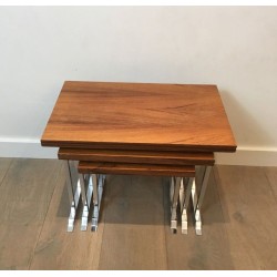 Set of Three Rosewood & Chrome Nesting Tables, France circa 1970