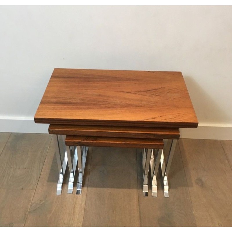 Set of Three Rosewood & Chrome Nesting Tables, France circa 1970
