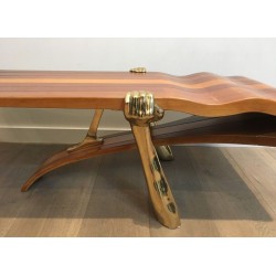 Table Basse Unique à Lamelles de Bois Exotique en Éventail sur Supports Sculpturaux en Laiton Doré