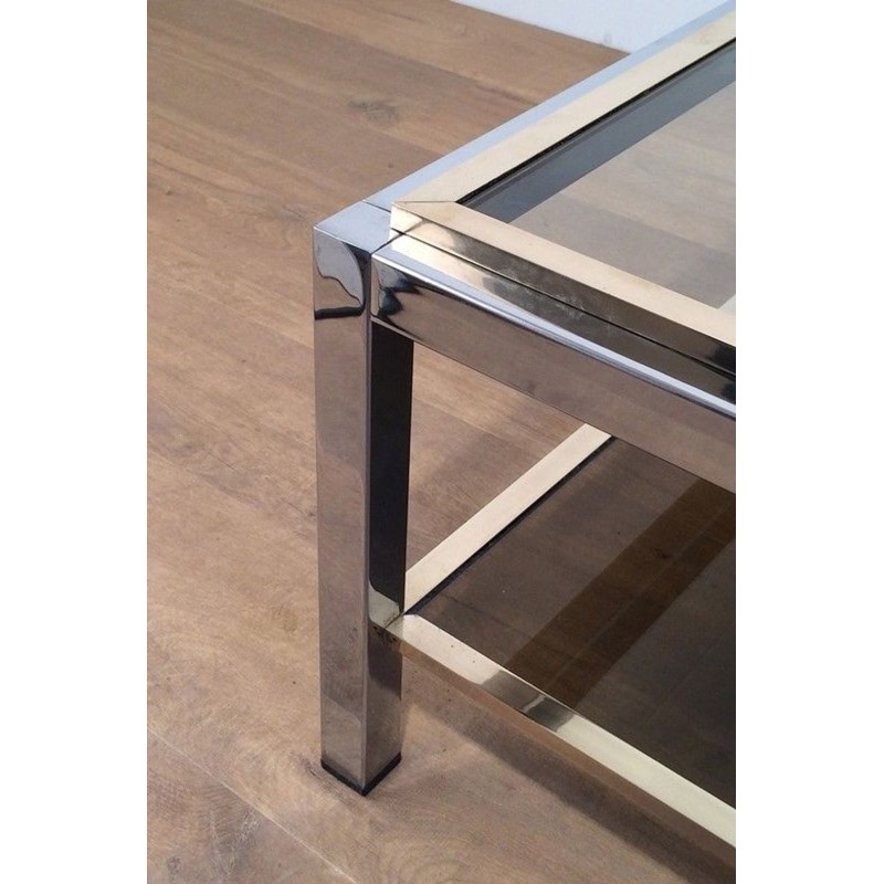 Grande Table Basse à Deux Niveaux en Chrome et Laiton, Attribuée à Willy Rizzo, circa 1970
