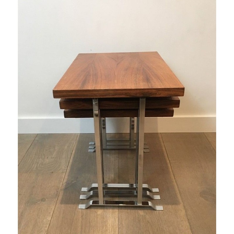 Suite de Trois Tables Gigognes en Palissandre et Chrome, France circa 1970