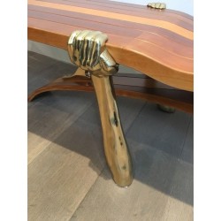 Table Basse Unique à Lamelles de Bois Exotique en Éventail sur Supports Sculpturaux en Laiton Doré