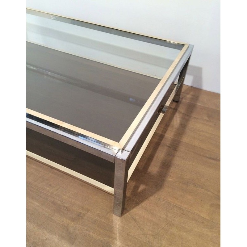 Large Two-Tier Chrome & Brass Coffee Table, Attributed to Willy Rizzo, circa 1970
