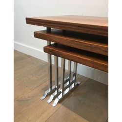 Set of Three Rosewood & Chrome Nesting Tables, France circa 1970