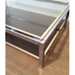 Large Two-Tier Chrome & Brass Coffee Table, Attributed to Willy Rizzo, circa 1970