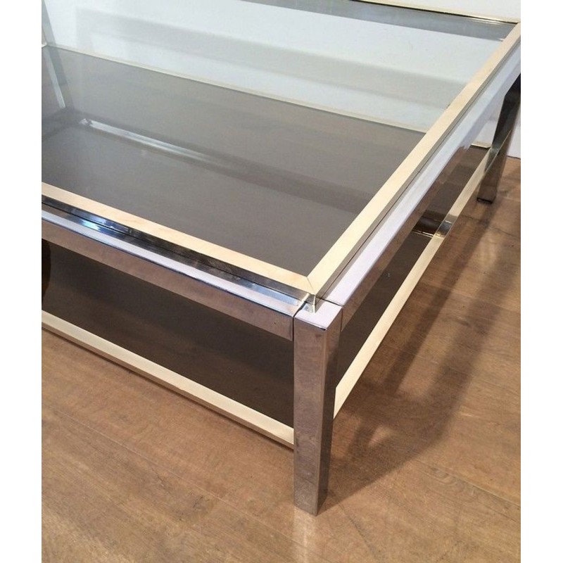 Large Two-Tier Chrome & Brass Coffee Table, Attributed to Willy Rizzo, circa 1970