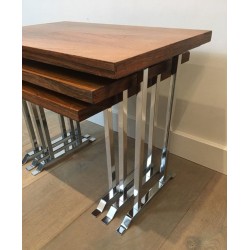 Suite de Trois Tables Gigognes en Palissandre et Chrome, France circa 1970