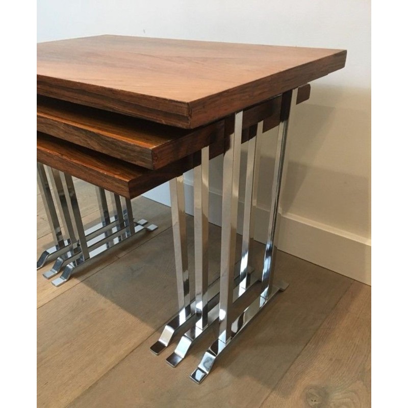 Suite de Trois Tables Gigognes en Palissandre et Chrome, France circa 1970