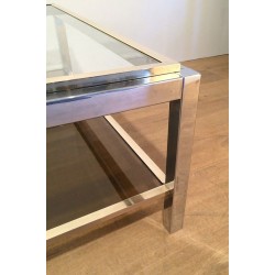 Grande Table Basse à Deux Niveaux en Chrome et Laiton, Attribuée à Willy Rizzo, circa 1970