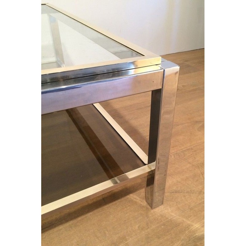 Grande Table Basse à Deux Niveaux en Chrome et Laiton, Attribuée à Willy Rizzo, circa 1970