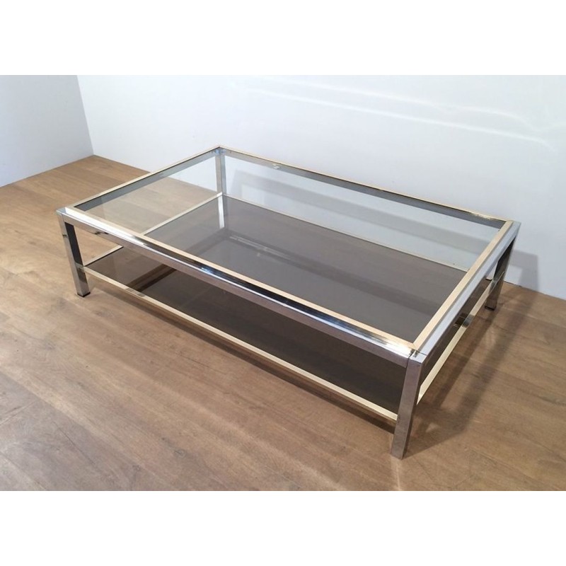 Grande Table Basse à Deux Niveaux en Chrome et Laiton, Attribuée à Willy Rizzo, circa 1970