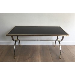 Rare Table Basse Néoclassique en Acier Brossé et Laiton de la Maison Jansen, Pieds Griffes, circa 1940