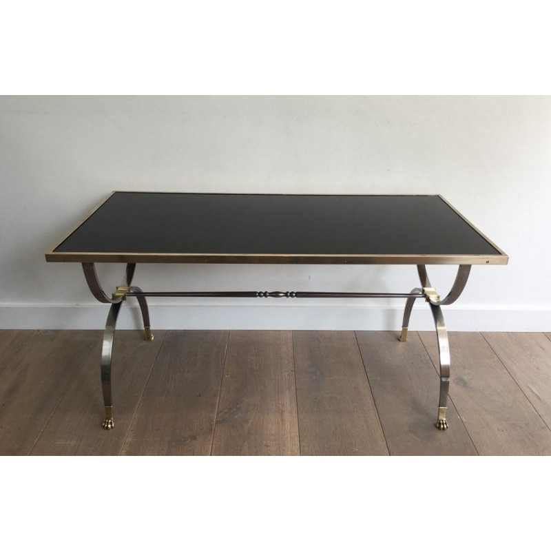 Rare Table Basse Néoclassique en Acier Brossé et Laiton de la Maison Jansen, Pieds Griffes, circa 1940