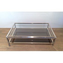 Grande Table Basse à Deux Niveaux en Chrome et Laiton, Attribuée à Willy Rizzo, circa 1970