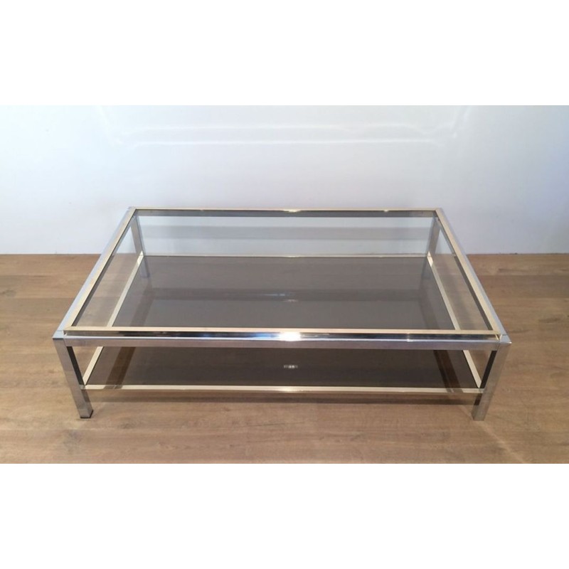 Grande Table Basse à Deux Niveaux en Chrome et Laiton, Attribuée à Willy Rizzo, circa 1970