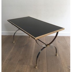 Rare Table Basse Néoclassique en Acier Brossé et Laiton de la Maison Jansen, Pieds Griffes, circa 1940