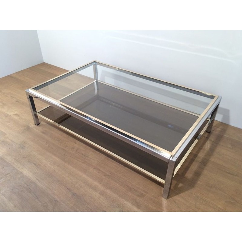 Grande Table Basse à Deux Niveaux en Chrome et Laiton, Attribuée à Willy Rizzo, circa 1970