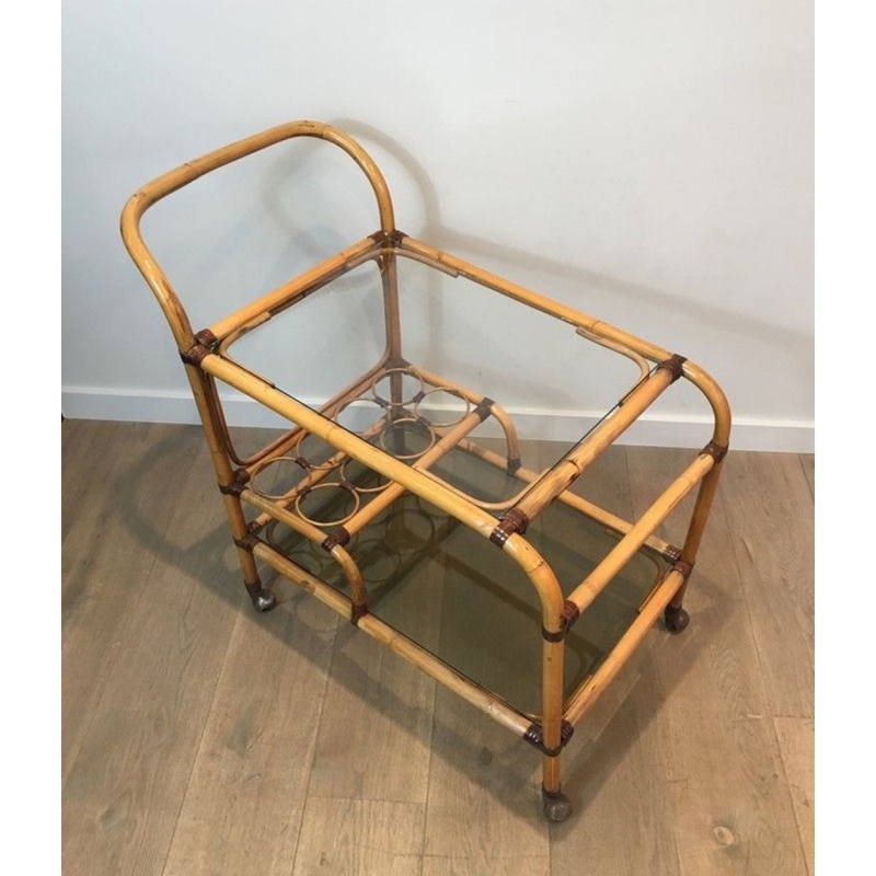 French Rattan Drinks Trolley with Interlaced Ring Panels and Leather Bindings, circa 1950