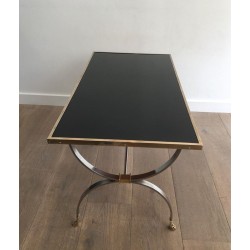 Rare Table Basse Néoclassique en Acier Brossé et Laiton de la Maison Jansen, Pieds Griffes, circa 1940