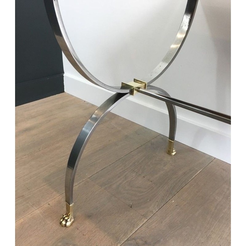 Rare Table Basse Néoclassique en Acier Brossé et Laiton de la Maison Jansen, Pieds Griffes, circa 1940
