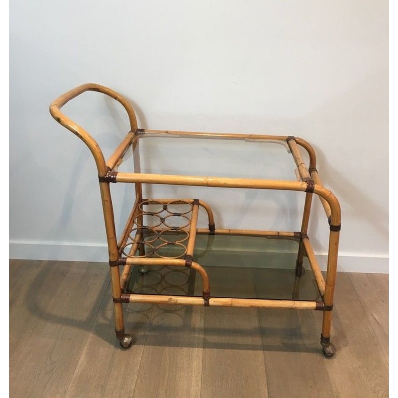 French Rattan Drinks Trolley with Interlaced Ring Panels and Leather Bindings, circa 1950