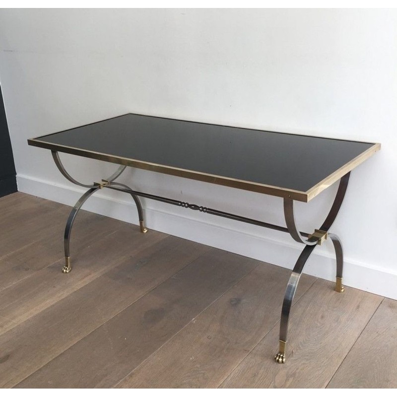 Rare Table Basse Néoclassique en Acier Brossé et Laiton de la Maison Jansen, Pieds Griffes, circa 1940
