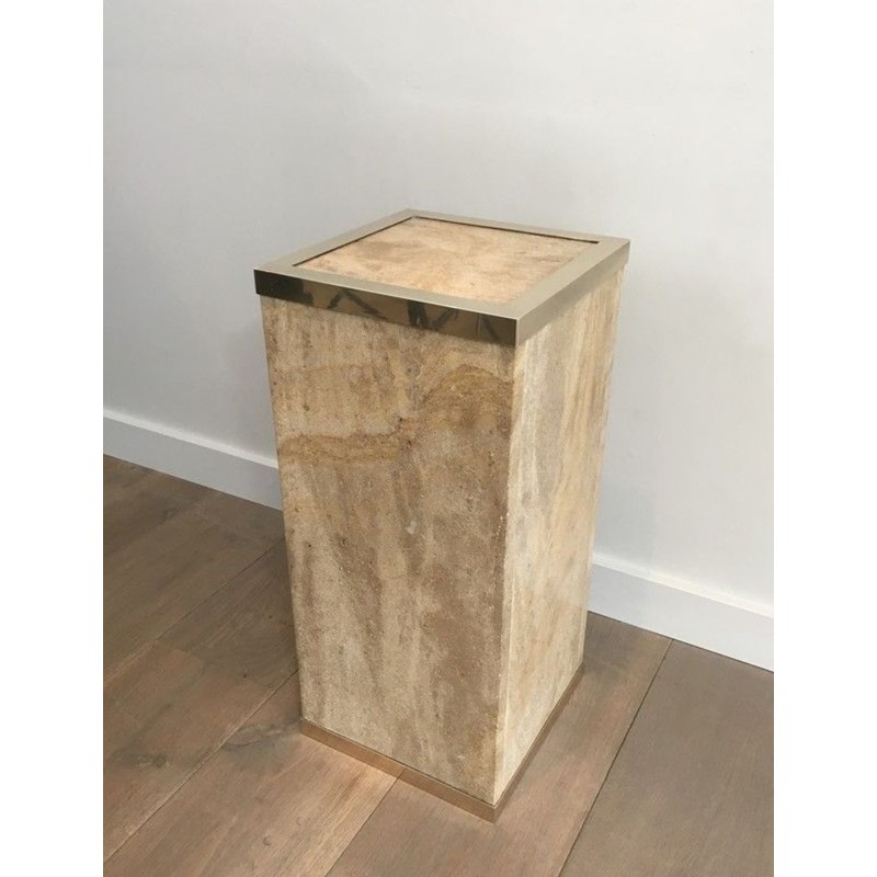 Travertine & Brass Pedestal Column by Willy Rizzo, France circa 1970
