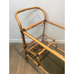 French Rattan Drinks Trolley with Interlaced Ring Panels and Leather Bindings, circa 1950