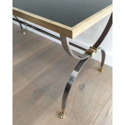 Rare Table Basse Néoclassique en Acier Brossé et Laiton de la Maison Jansen, Pieds Griffes, circa 1940