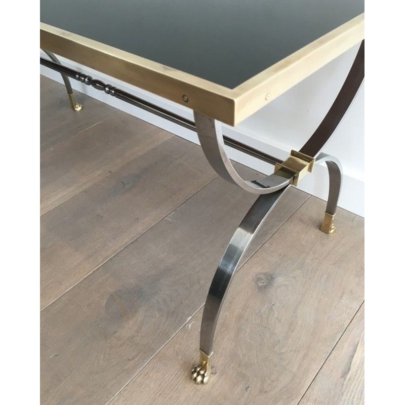 Rare Table Basse Néoclassique en Acier Brossé et Laiton de la Maison Jansen, Pieds Griffes, circa 1940