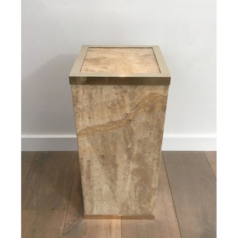 Travertine & Brass Pedestal Column by Willy Rizzo, France circa 1970