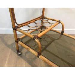 French Rattan Drinks Trolley with Interlaced Ring Panels and Leather Bindings, circa 1950