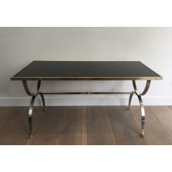 Rare Table Basse Néoclassique en Acier Brossé et Laiton de la Maison Jansen, Pieds Griffes, circa 1940