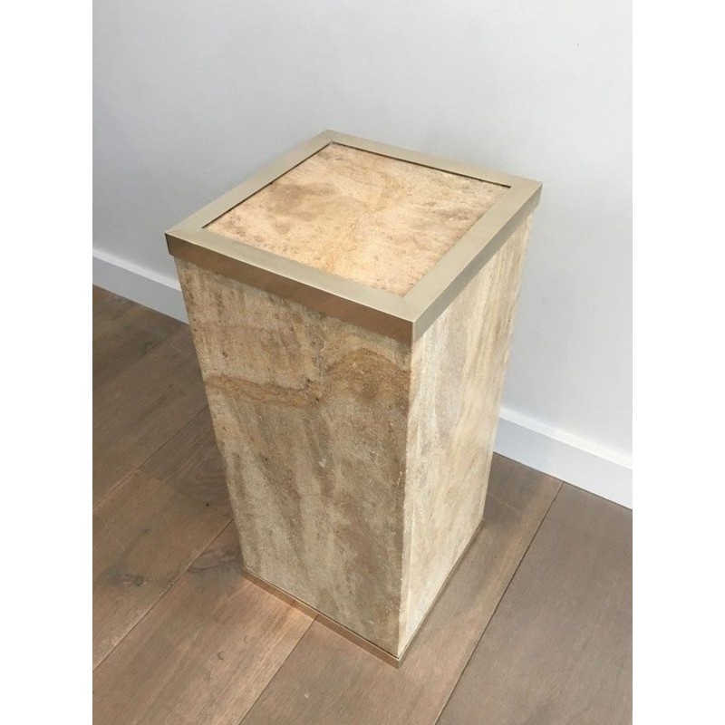 Travertine & Brass Pedestal Column by Willy Rizzo, France circa 1970