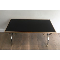 Rare Table Basse Néoclassique en Acier Brossé et Laiton de la Maison Jansen, Pieds Griffes, circa 1940