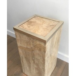 Travertine & Brass Pedestal Column by Willy Rizzo, France circa 1970