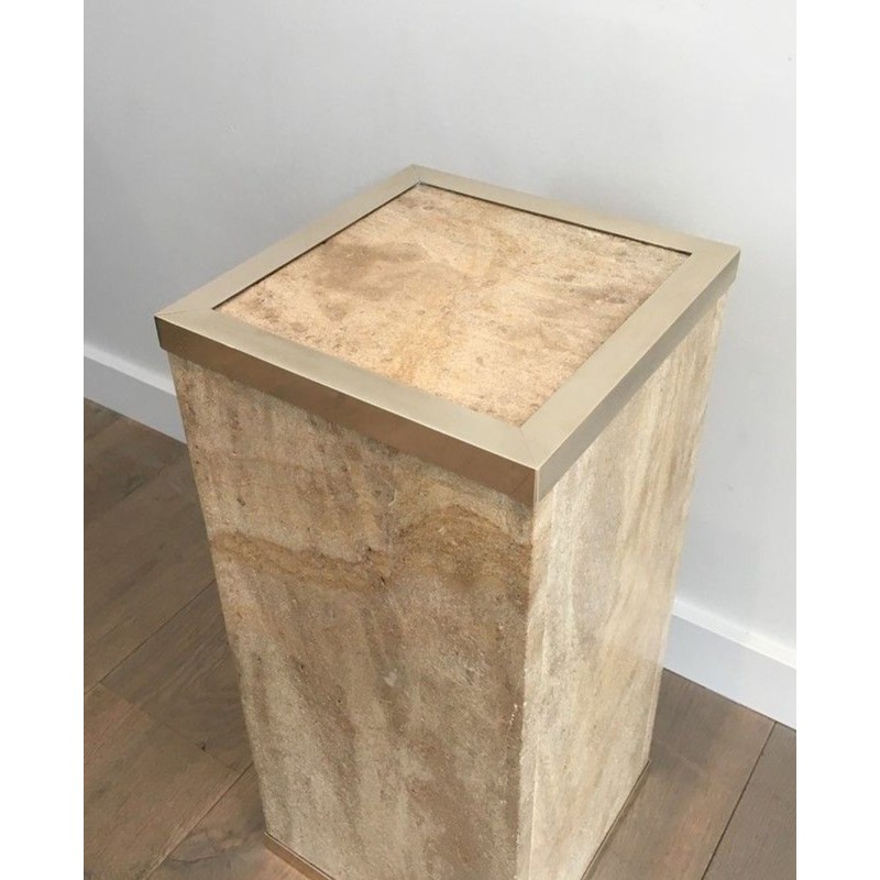 Travertine & Brass Pedestal Column by Willy Rizzo, France circa 1970