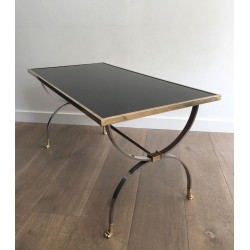 Rare Table Basse Néoclassique en Acier Brossé et Laiton de la Maison Jansen, Pieds Griffes, circa 1940
