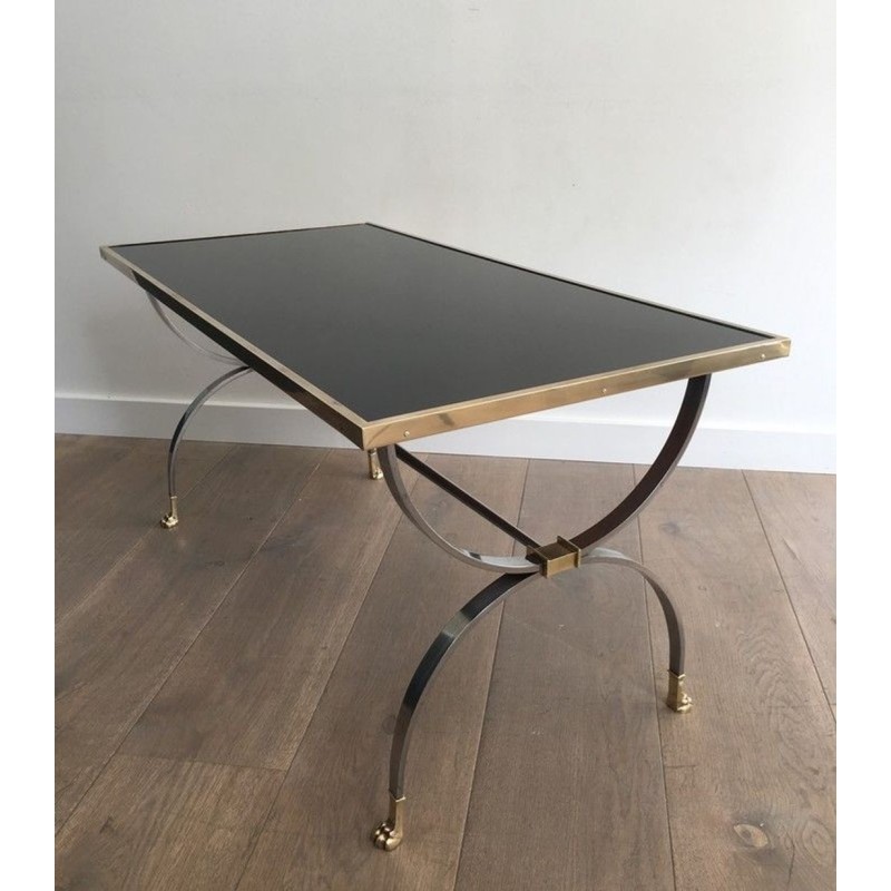 Rare Table Basse Néoclassique en Acier Brossé et Laiton de la Maison Jansen, Pieds Griffes, circa 1940