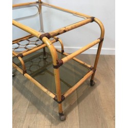 French Rattan Drinks Trolley with Interlaced Ring Panels and Leather Bindings, circa 1950
