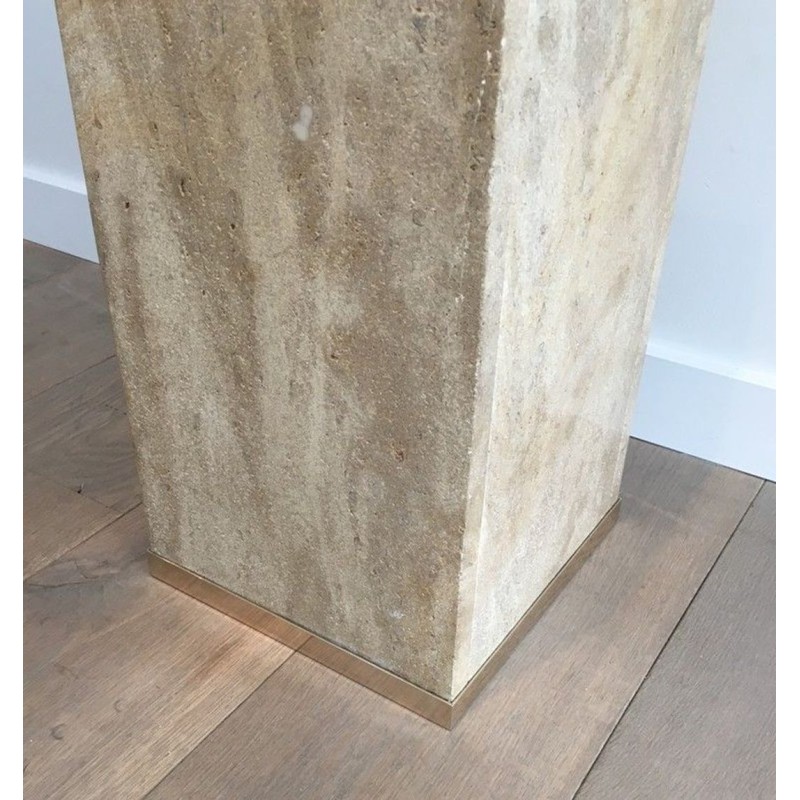 Travertine & Brass Pedestal Column by Willy Rizzo, France circa 1970