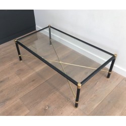 Table Basse Rectangulaire en Laiton et Cuir Noir dans le Goût de Jacques Adnet, circa 1970