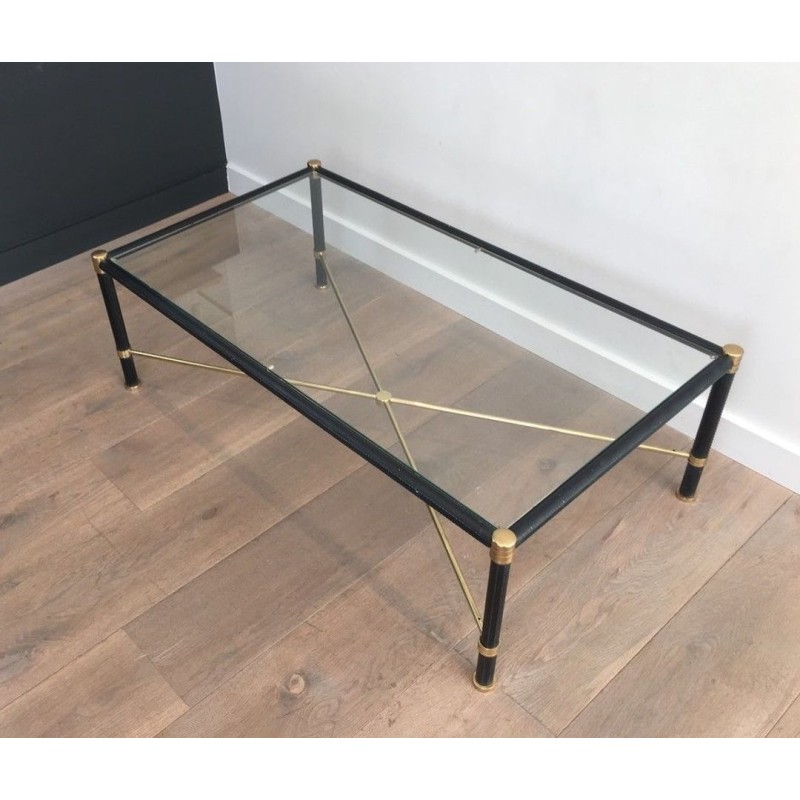 Table Basse Rectangulaire en Laiton et Cuir Noir dans le Goût de Jacques Adnet, circa 1970