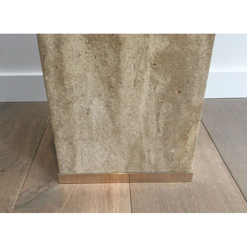 Travertine & Brass Pedestal Column by Willy Rizzo, France circa 1970
