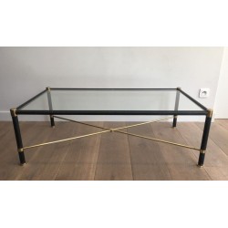 Table Basse Rectangulaire en Laiton et Cuir Noir dans le Goût de Jacques Adnet, circa 1970