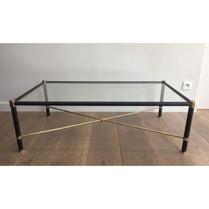 Table Basse Rectangulaire en Laiton et Cuir Noir dans le Goût de Jacques Adnet, circa 1970